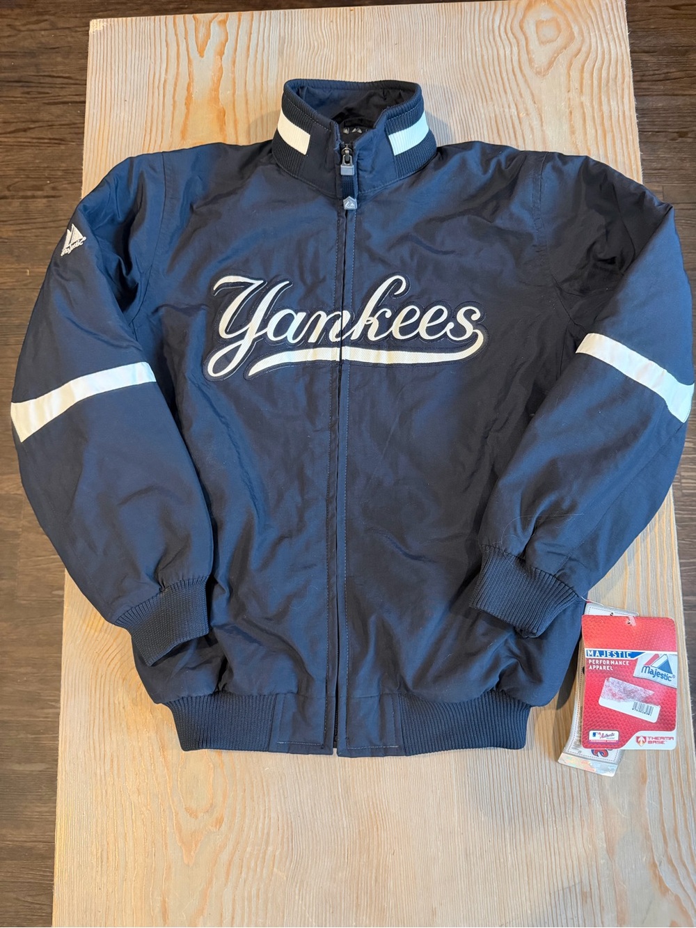 Youth Majestic Navy Yankees Script Zip Bomber Jacket with White Accents